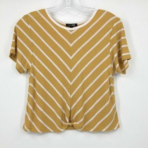 Fashion Nova Cropped Knit Top Mustard Yellow & White Stripe Knot Front Size L - Picture 3 of 15